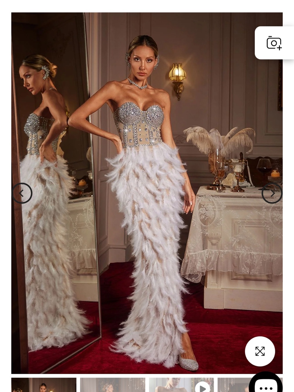 Crystal Corset Strapless Feather Gown in White